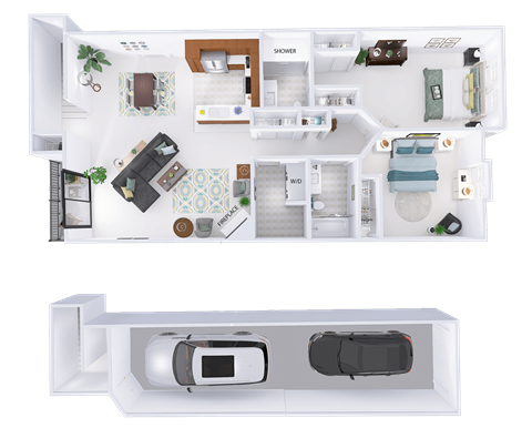 Floor plan for 2 beds, 2 baths, 1342 sqft